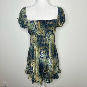 Urban Outfitters Green & Blue Velvet Babydoll Mini Dress Tied Back Size S